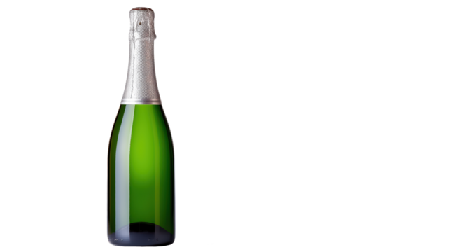 Champagne bottle isolated on transparent background, elegant sparkling wine bottle with golden foil and green glass, realistic product photo.