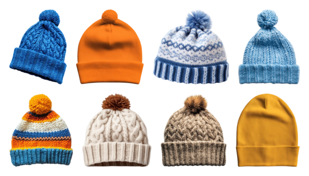 PNG Colorful knitted winter hats collection, element set on transparent background
