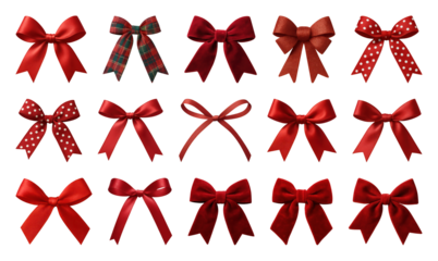 PNG Variety of red decorative bows, element set on transparent background
