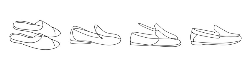 Four views of classic moccasin style sneakers athletic footwear design sketch