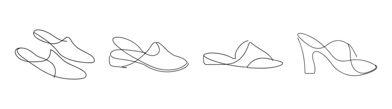 Detailed line art drawings of classic mules shoes in various angles