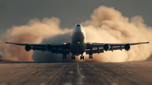 Boeing 747 jumbo jet taking off from the runway, front view, dramatic