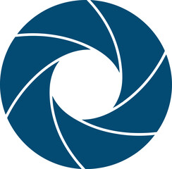 A stylized graphic representation of a camera aperture in deep blue.