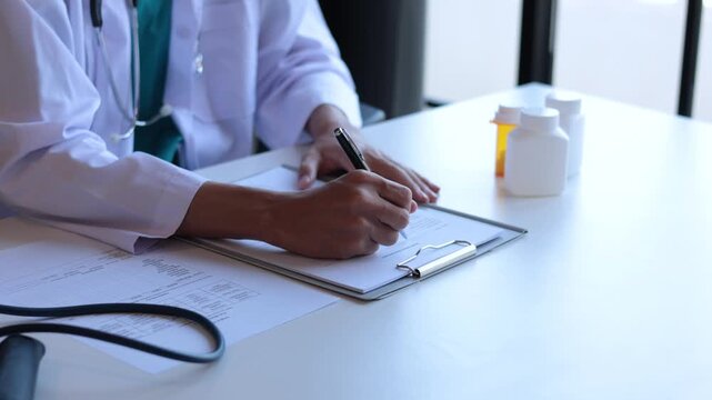 Doctor or authorized medical professional writing the order of specific medication for a patient to treat an illness or injury.
