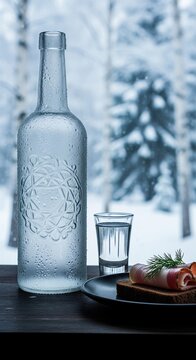 Traditional russian vodka with zakuska appetizer in a cold winter forest background scene