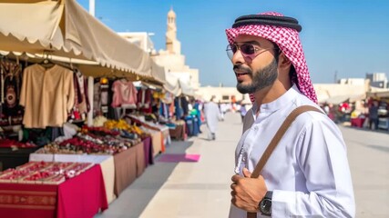 Smiling Qatari Man in Traditional Thobe at Souq Waqif Market in Doha with Fanar Mosque Background