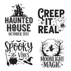 Fototapeta premium Four spooky halloween designs featuring haunted houses ghosts witches and spooky vibes