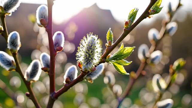 Close up of a pussy willow branch with buds and leaves in soft sunlight during springtime