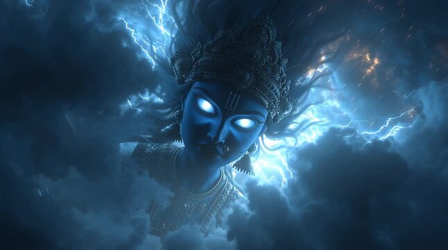 Animated cinematic scene of Goddess Kali amid swirling dark clouds, blue energy radiating from her eyes, expressing powerful divine force, protection, and cosmic transformation.
