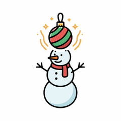 Whimsical snowman illustration with festive christmas ornament and sparkling confetti vector art