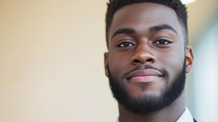 Obraz premium black young man with a confident expression in a professional setting leading a meeting, representing empowerment among emerging leaders, copy space background