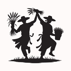 A black silhouette vector of two joyful farmers celebrating a bountiful grain harvest with a traditional dance