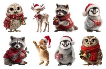 PNG Adorable animals in festive attire, element set on transparent background