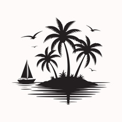 Silhouette of a tropical island with palm trees and a sailboat under a bird-filled sky, reflecting on calm water