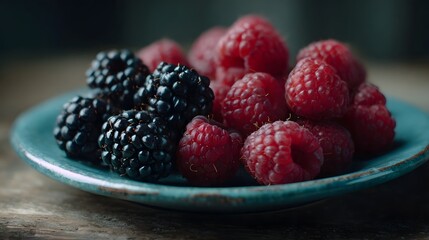 A close up view of fresh ripe blackberries and raspberries artfully arranged on a rustic blue ceramic plate highlighting their vibrant colors and