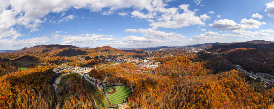 Beaver Field at Jim and Bettie Smith Stadium with Boone, NC Fall Foliage - Appalachian State University Drone Panorama