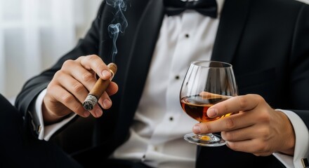 Closeup of a man in a tuxedo holding a cigar and a glass of brandy, with smoke rising from the cigar
