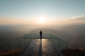 Obraz premium A solitary figure stands on a modern glass observation deck, gazing at a vast, hazy mountain landscape during a serene sunrise or sunset.
