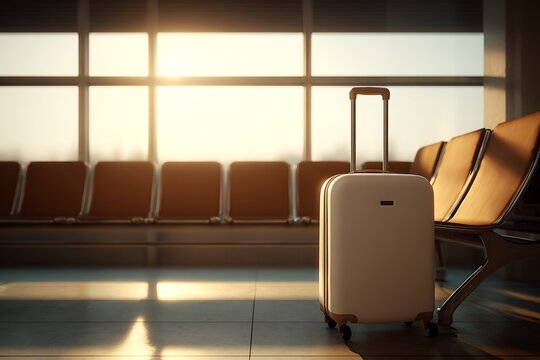 A lone white suitcase stands in a bright, empty airport waiting area bathed in warm golden sunlight.