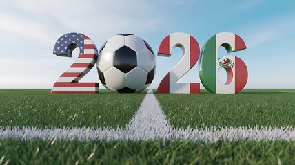 2026 Year with Soccer Ball and Flags of USA Peru Mexico on Grass Field numbers football