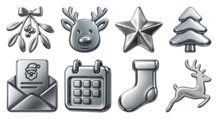 PNG Metallic Christmas holiday icons, element set on transparent background