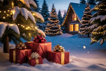 merry christmas background with gift box and ball lamp