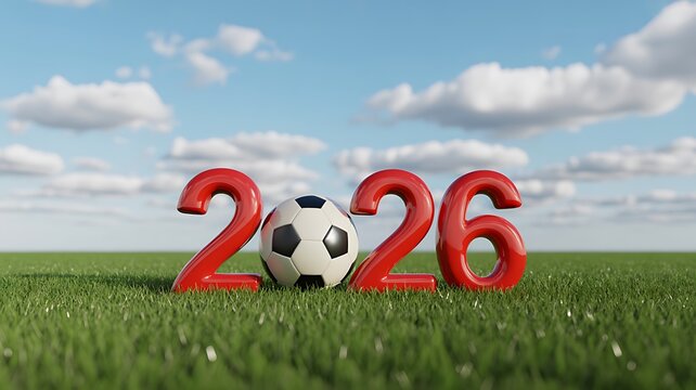 Red 2026 numbers with a soccer ball on green grass under a cloudy blue sky year future