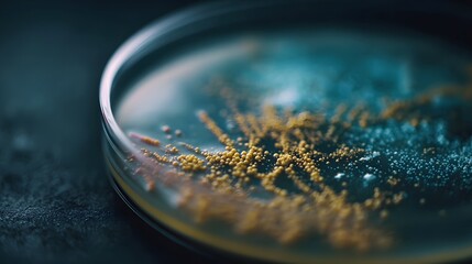 Close up view of vibrant yellow and blue microbial colonies cultured on agar in a sterile laboratory petri dish