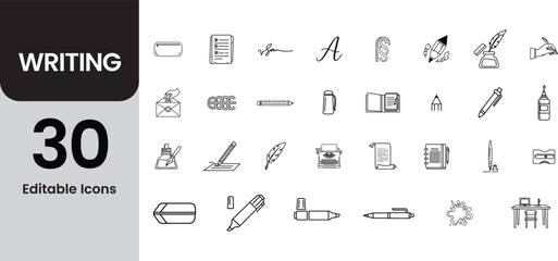 Collection of 30 hand drawn editable icons representing writing and stationery elements for creative projects