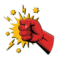 Cartoon Red Fist Punch Impact with Stars and Lightning on Transparent Background