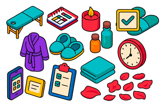 Spa Scheduling Icons. Isometric vector illustration set Spa and Wellness Scheduling Icons: massage table, planner notebook,