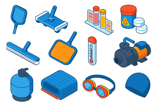 Pool Maintenance Icons. Isometric vector illustration set Pool Maintenance Icons: pool skimmer, vacuum head, chemical test kit,