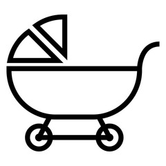 Black and white vector icon of baby stroller with pie chart symbolizing baby care, parenting, family planning, infant services, demographic analysis, and statistics concept.