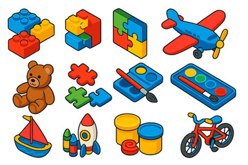 Obraz premium Vibrant Toy Collection. Isometric vector illustration set Creative Kids and Play: lego-style bricks, jigsaw puzzle, paintbrush set