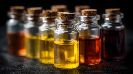 Collection of small glass vials filled with colorful aromatic liquids sealed with corks on a dark background