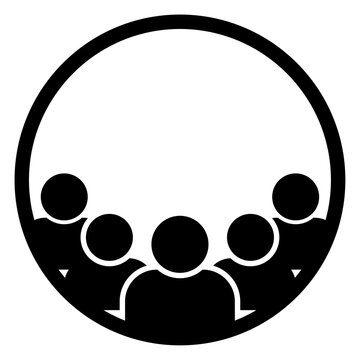 Black and white vector icon of a group of people inside a circular frame symbolizing team collaboration, meeting, conference, group discussion, teamwork, or professional gathering concept.
