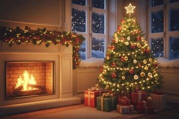 merry christmas background with gift box and ball lamp