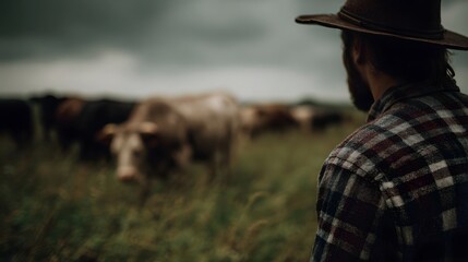 A farmer in a cowboy hat and plaid shirt watches a herd of cattle grazing in a moody overcast rural pasture