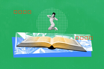 Full image photo collage of happy girl jump library encyclopedia book stack bookworm hobby literature school subject homework