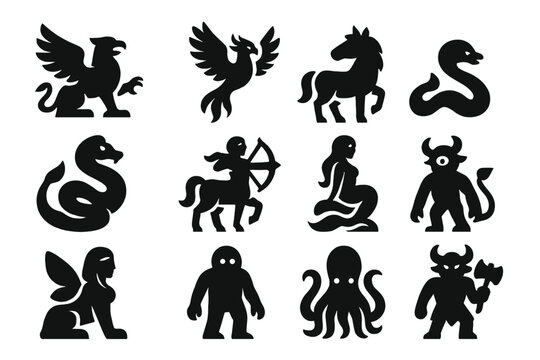 Mythical Creature Icons. Solid style icons of Mythical creatures: griffin, phoenix, unicorn, basilisk, chimera, centaur, fairy,