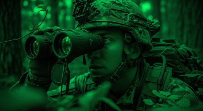 A soldier in camouflage gear uses binoculars while observing the surrounding forest under night vision.