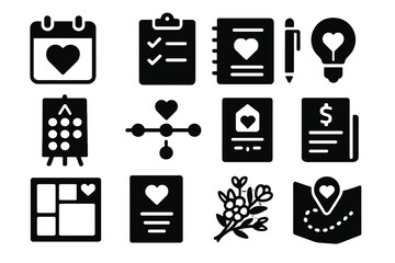 Wedding Planning Icons. Solid style icons of Wedding planning: calendar, checklist, notebook, pen, seating chart, timeline, idea