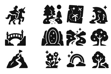 Magical Adventure Icons. Solid style icons of Adventure and quest: unicorn riding, magical forest path, treasure hunt, enchanted