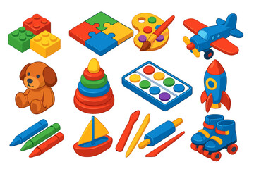 Obraz premium Colorful Creative Kids Toys. Isometric vector illustration set Creative Kids and Play: lego-style bricks, puzzle board, paint