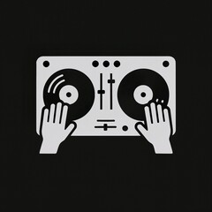 icon of a DJ controller with hands on vinyl records. Flat style, white silhouette on black background.