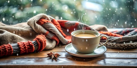 A cup of coffee on a wooden table with a cozy scarf and snow falling outside the window, creating a warm and inviting winter scene, perfect for relaxation and comfort