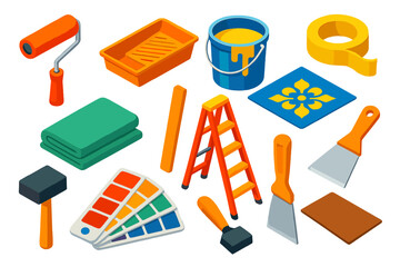Painting Tools Icons. Isometric vector illustration set Painting and Decorating Icons: paint roller, paint tray, paint bucket,