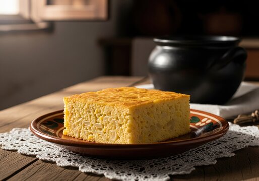 Slice of sopa paraguaya a traditional savory cornbread from paraguay served in a rustic setting