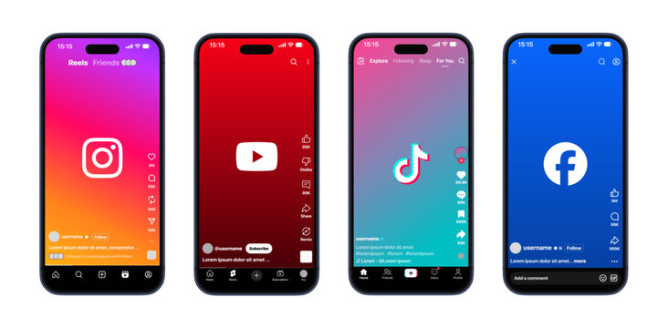 Instagram, YouTube, TikTok & Facebook UI Mockup with Reels, Shorts, Stories, Posts, Feed, Profile, Messages, Notifications, Explore, Likes, Comments, Shares, and Interactive Social Layout