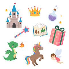 Fantasy elements : castle, crown, magic wand, potion, gift, dragon, unicorn, fairy, and an open storybook.